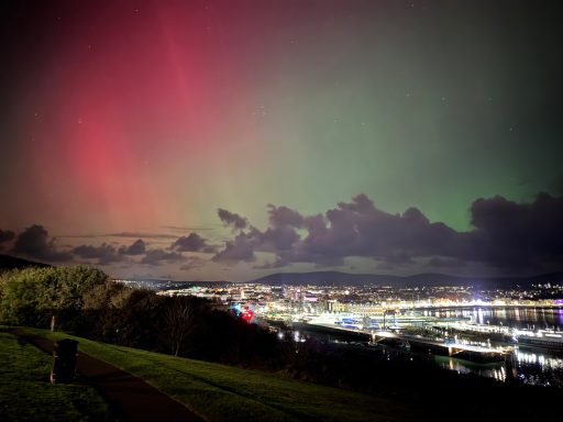 View of the northern lights over Douglas, Isle of Man